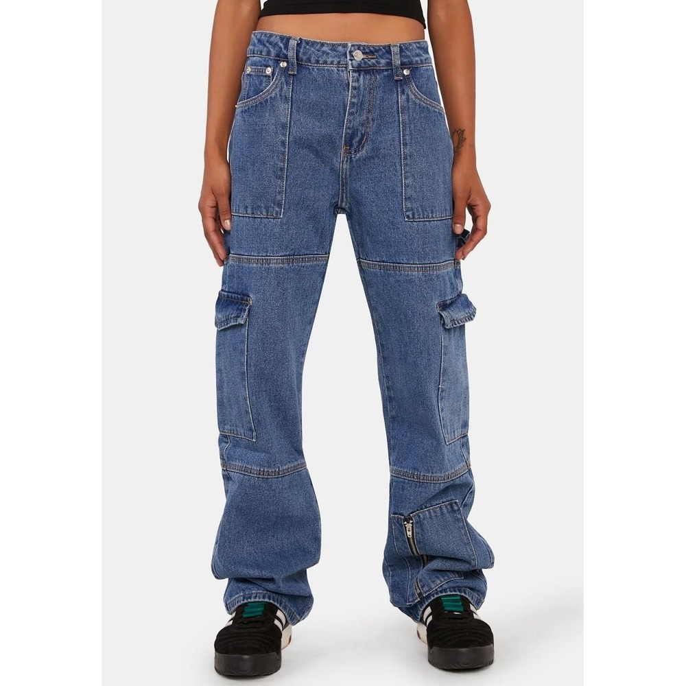 Edikted Denim Cargo‎ Carpenter Jeans Straight Leg Multi Pocket Women's Size S